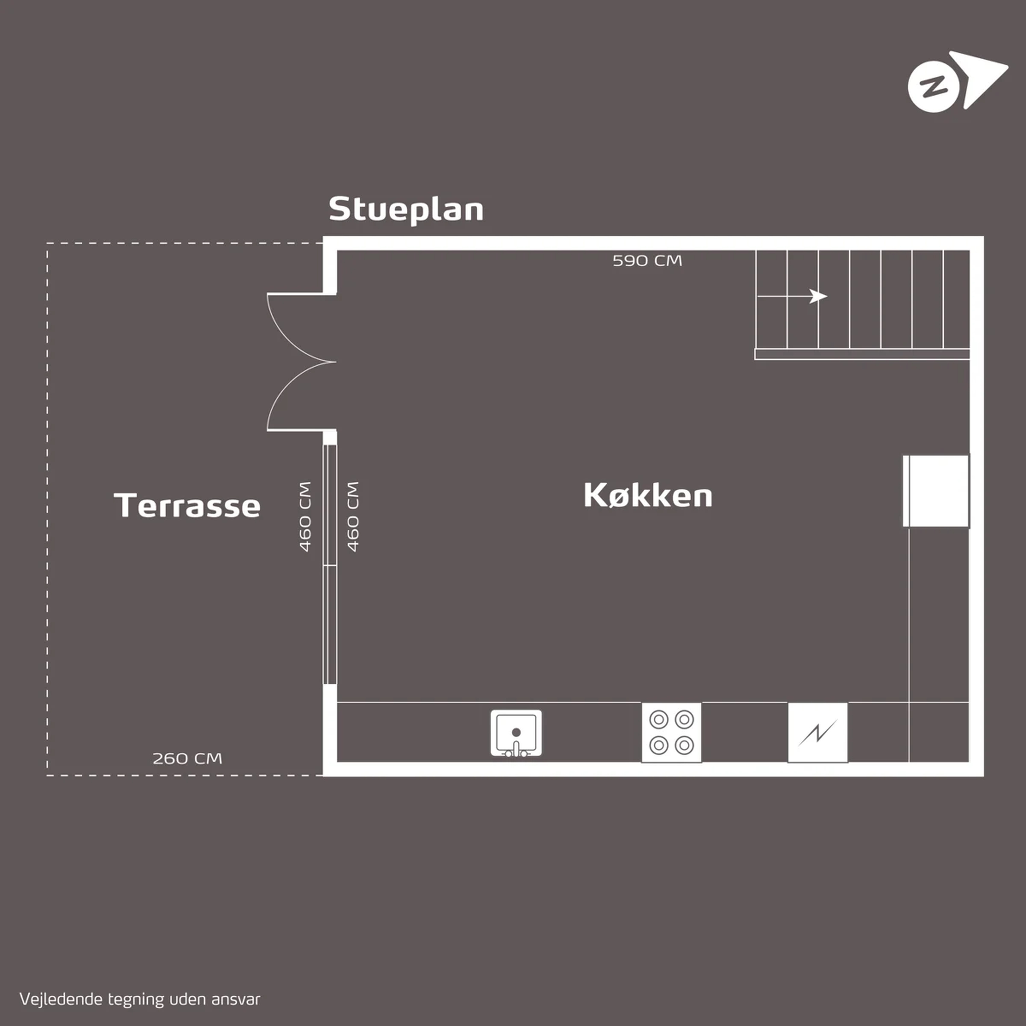 Stueplan — køkken og terrasse